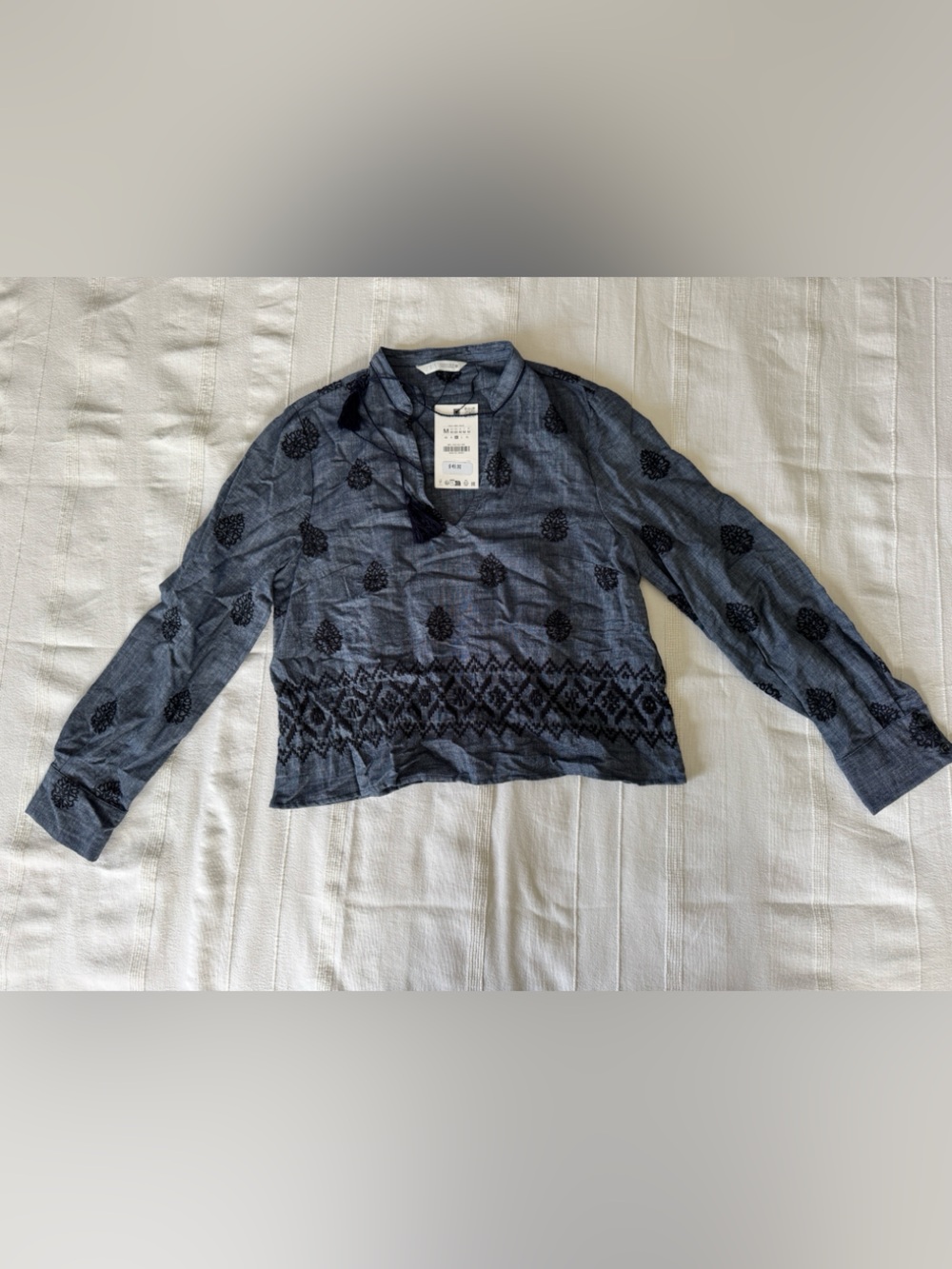 Zara Navy Blue Embroidered Long-Sleeve Shirt